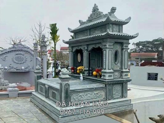 Mẫu mộ đá đôi 2 mái đẹp, chất lượng cao, đá xanh rêu.
