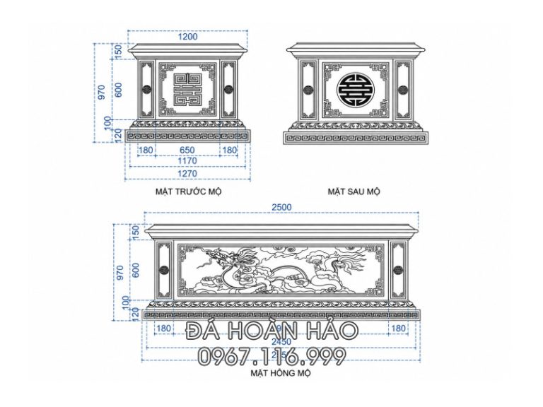 Mẫu Bản vẽ kích thước Mộ đá chôn 1 lần rộng 127cm x dài 255cm