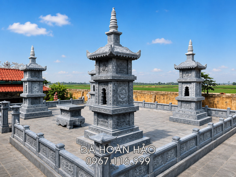 Tư vấn xây dựng lăng mộ tháp đá Phật giáo tại chùa với 4 ngôi mộ tháp đá 3 tầng bằng đá xanh Thanh Hóa 13 Xây Lăng Mộ Tháp Đá 3 Mái (3 tầng) trong không gian Ngôi Chùa